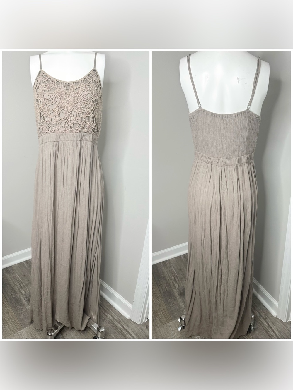 Time and tru taupe maxi dress- large 
Crochet Bodice  - large